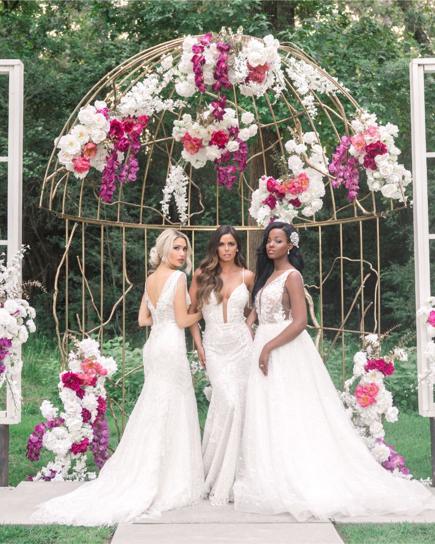 3 brides showing off gowns - each enneagram type as a bride