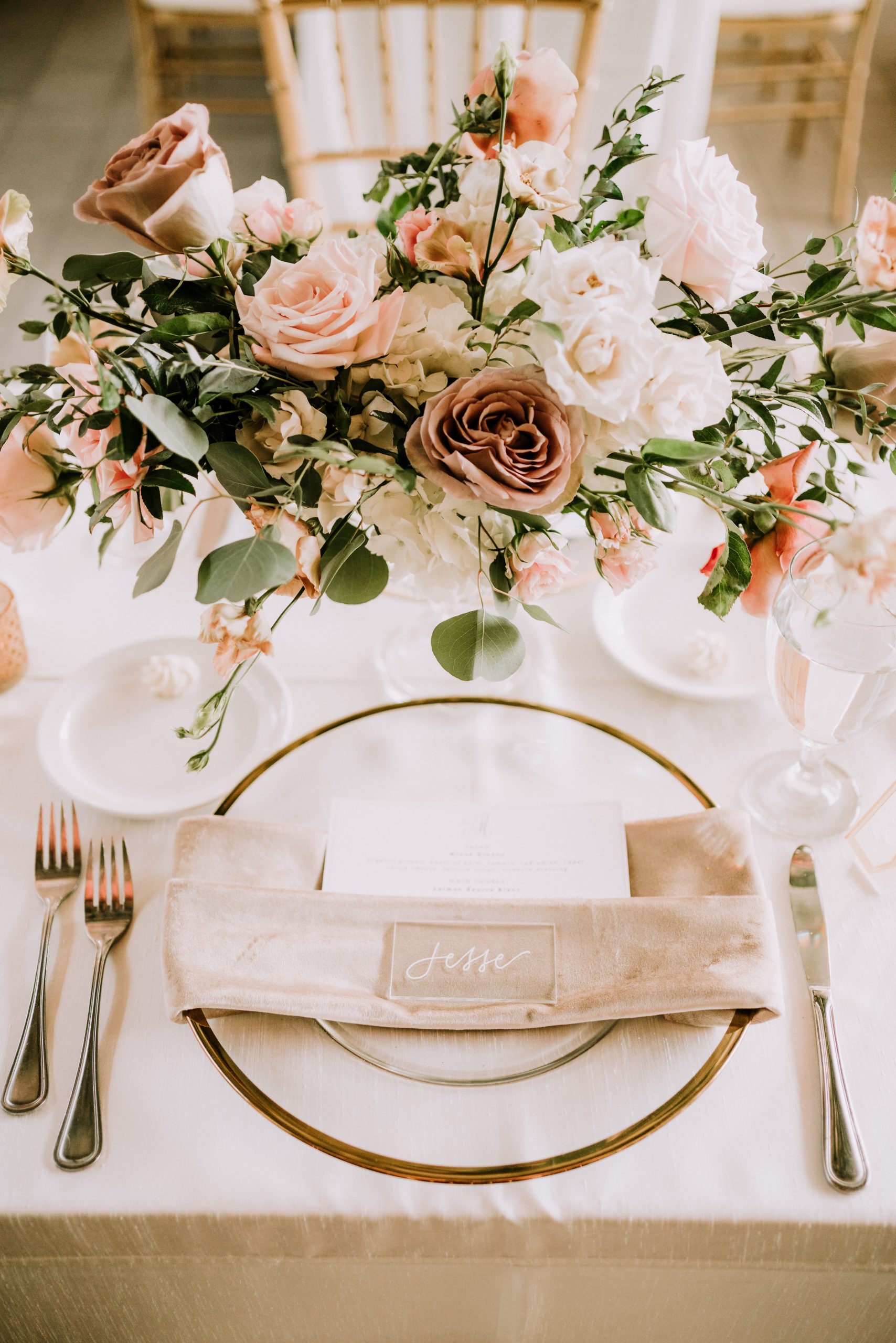 pink and gold place setting